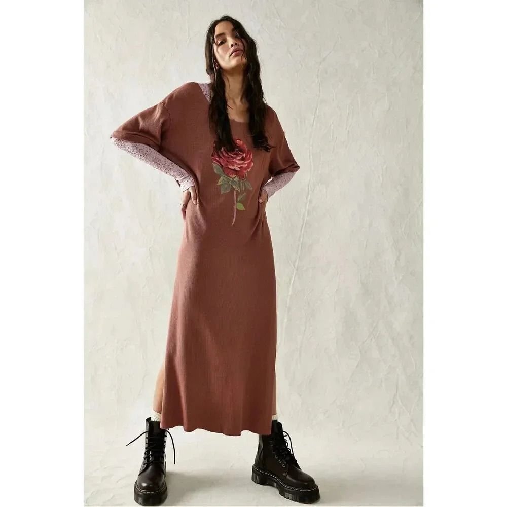 FREE PEOPLE x VINTAGE SOULS | Rose Thermal Maxi Top Dress Dusty Pink | Size XS